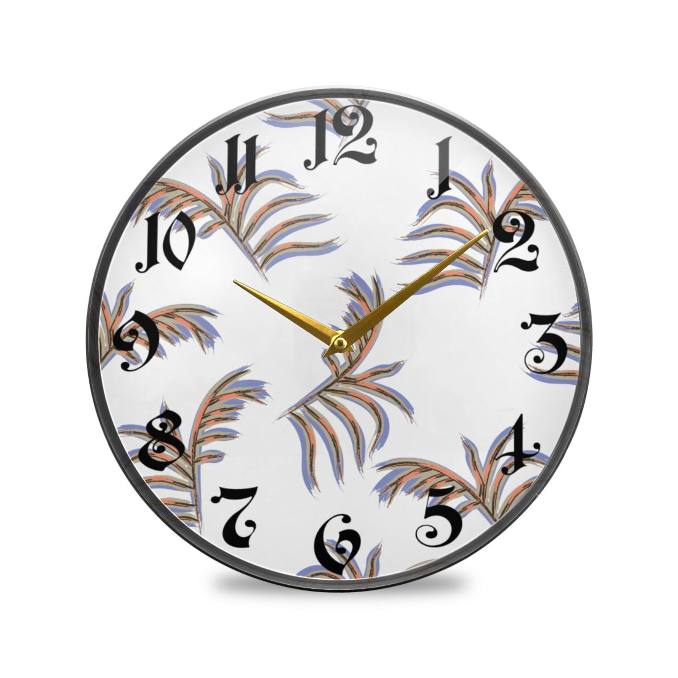 12" Round Silent Wall Clocks Leaf Print Acrylic Battery Operated Clock ...