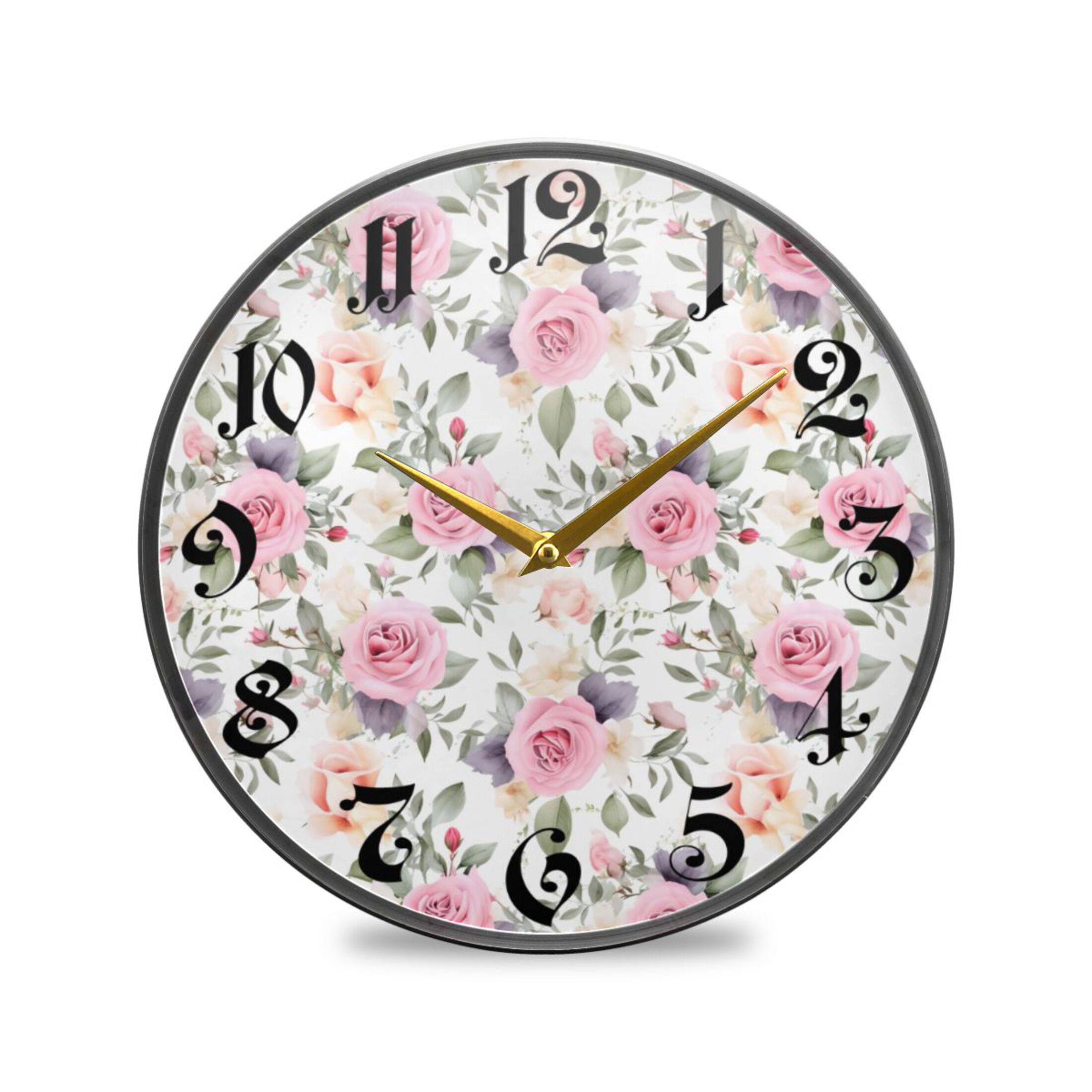 12" Round Silent Wall Clocks Rose Flowers Pink Acrylic Battery Operated