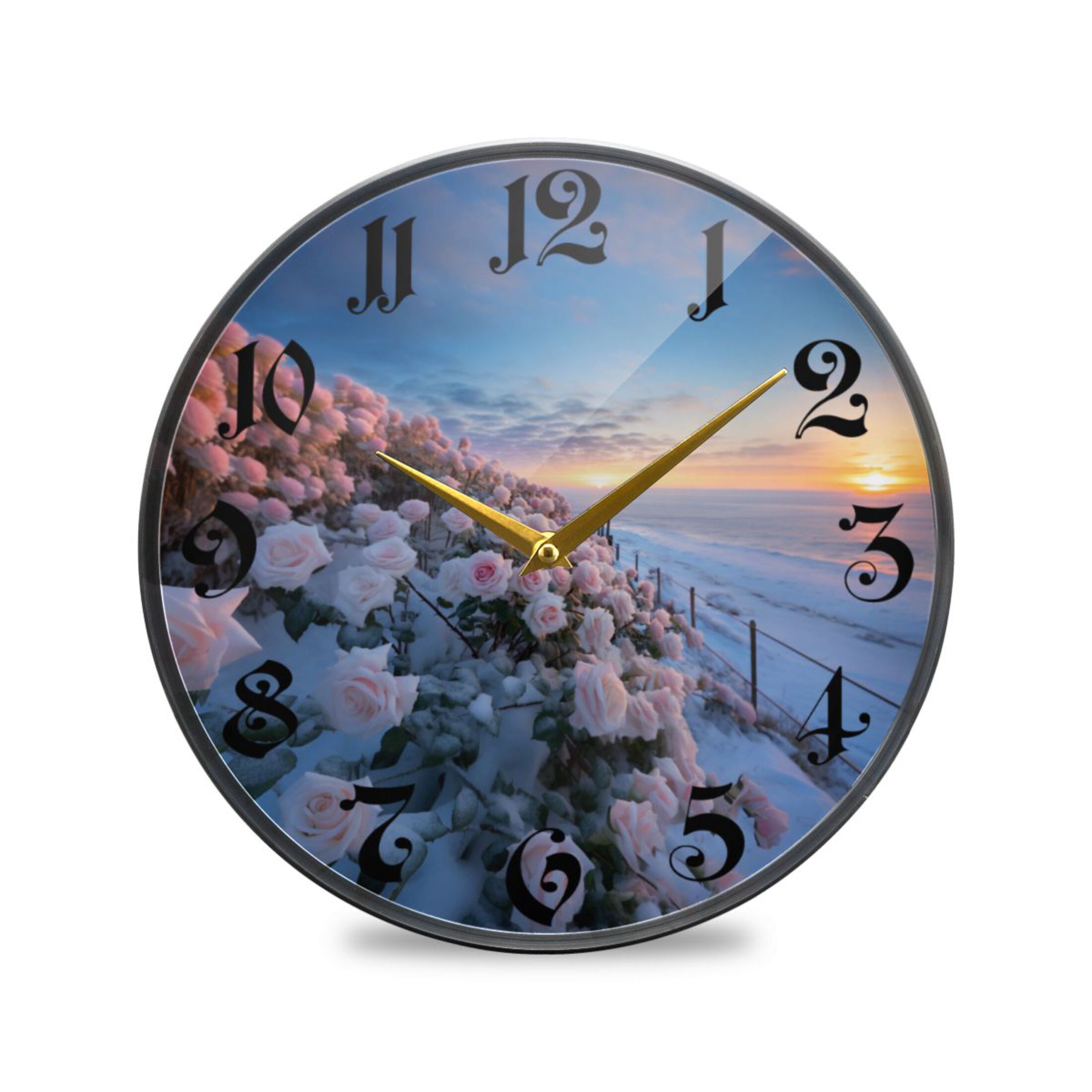12" Round Silent Wall Clocks Rose Flowers on Snow Acrylic Battery