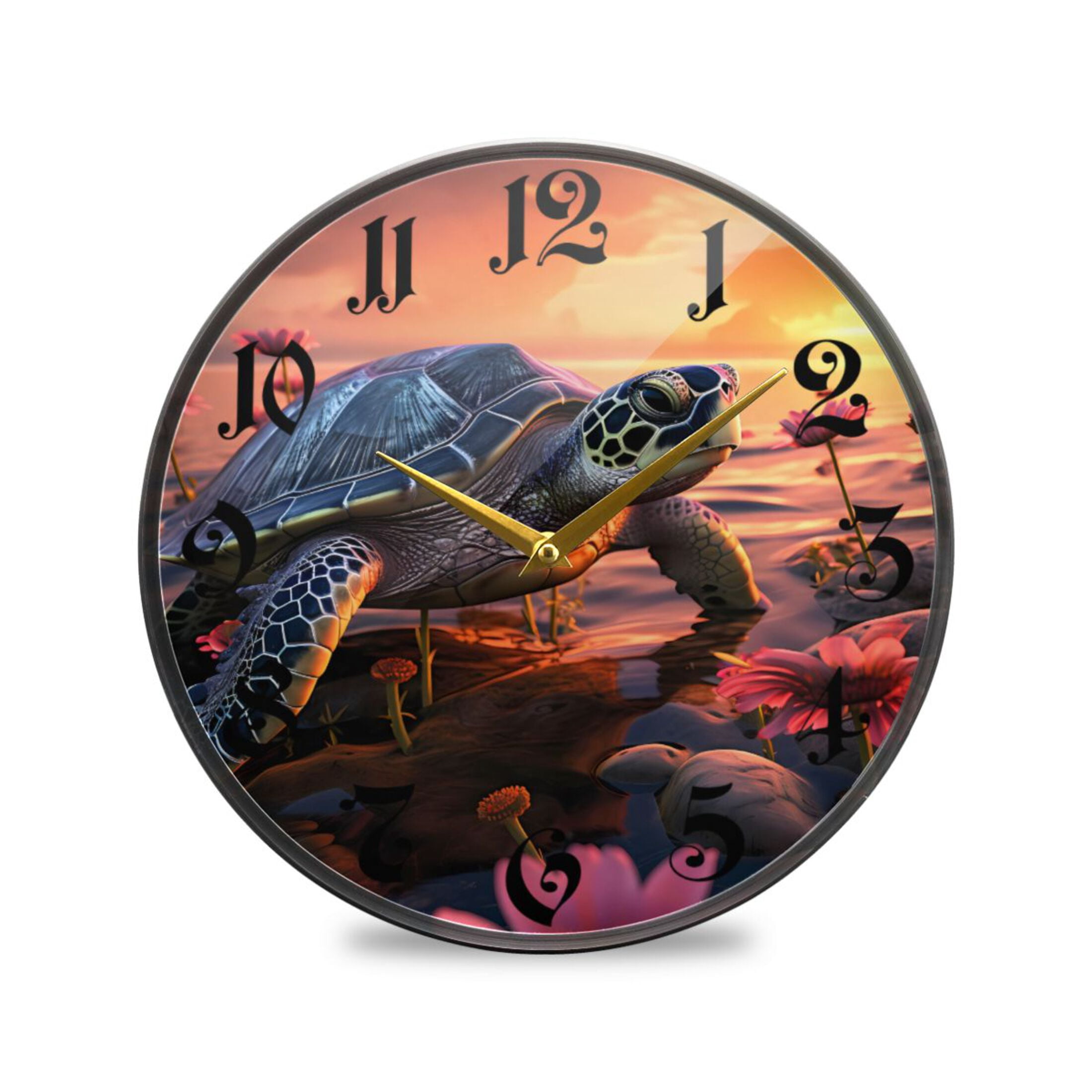 12" Round Silent Wall Clocks Sea Turtle on Beach Sunset Acrylic Battery ...