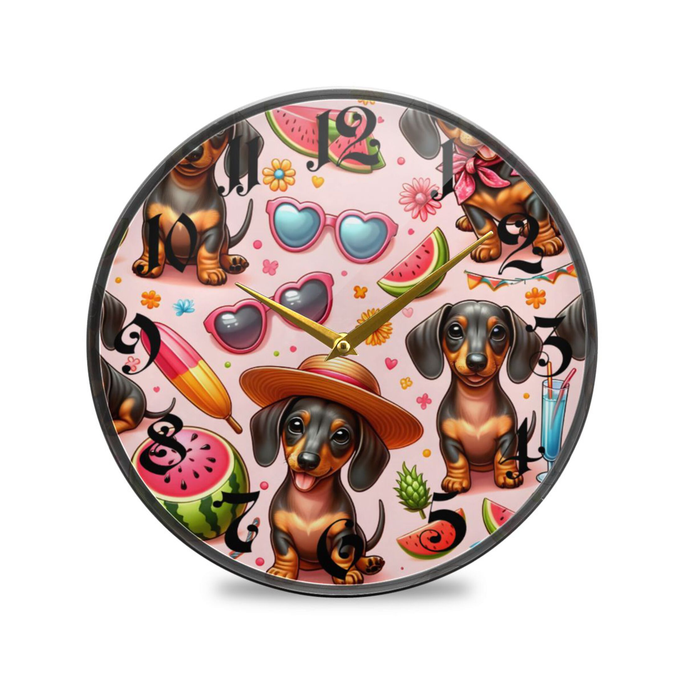 12" Round Silent Wall Clocks Summer Dogs and Watermelon Acrylic Battery