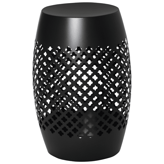 12" Round Steel Outdoor Side Table, Black Geometric Hollow Drum Accent Table for Patio, Garden, or Living Room, Versatile Small Plant Stand and End Table, 11.8 x 18.1 in