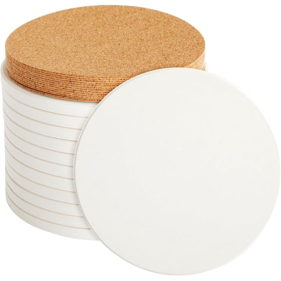 12 Round Unglazed Ceramic Tiles for Crafts with 12 Cork Pads for DIY Coasters, Acrylic Pouring, Alcohol Ink, White Blank Coasters for Painting, Art Projects (4.2 in)
