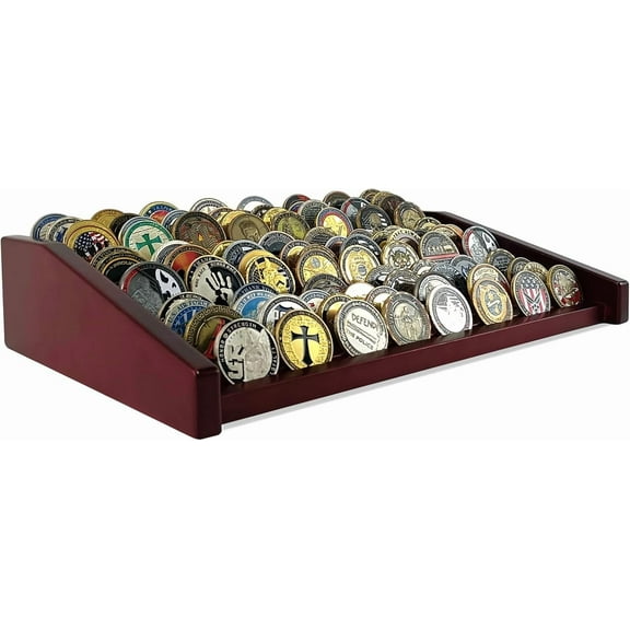 12 Rows Military Challenge Coin Holder Display Case Holds 90-100 Coins, Solid Wood Army Coin Rack Display Stand for Desktop, Mahogany