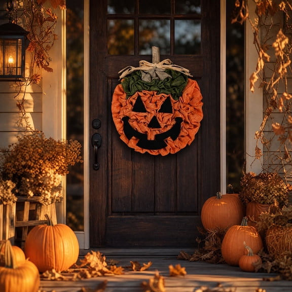 12" Ruffled Fabric Pumpkin Face Wreath with Natural Raffia Bow, Hand-Sewn Front Door Hanger Spooky Decor, Thanksgiving Fall Home Party Ornament