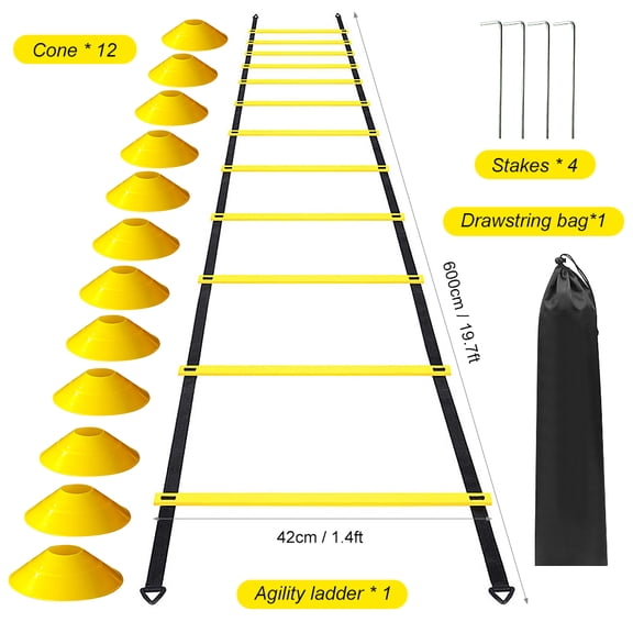 12 Rung Agility Speed Ladder Set 19.7ft / 6m with Ground Nails and Disc Cones for Soccer Football Fitness Training