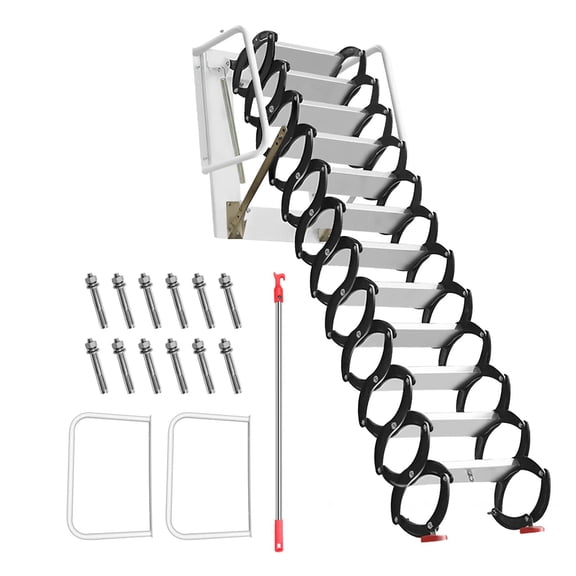 Titanium Magnesium Alloy Folding Attic Stairs, 12 Steps Black & White Spliced Loft Access Ladder, 0.6 x 0.7 x 3 M Heavy-Duty Collapsible Storage Room Step Ladder