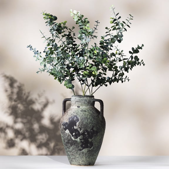 12' Rustic Ceramic Vase w/ 3 Artificial Eucalyptus Stems Decor
