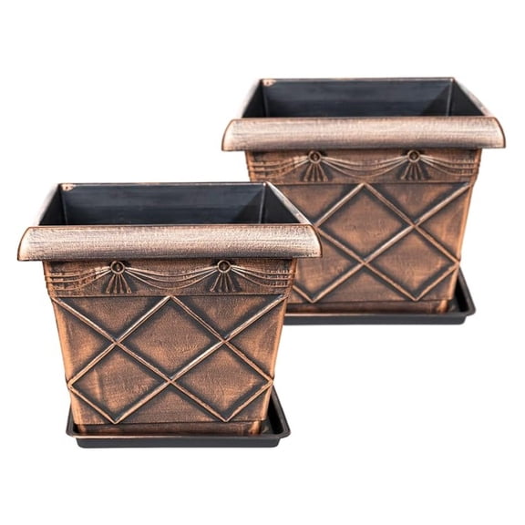 12" Rustic Square Plastic Planter (Pack of 2 Pots + 2 Matching Bottom Trays) Flowerpot for Indoor, Outdoor, Garden Patio Office Home Decor (Large, Copper) BXRC