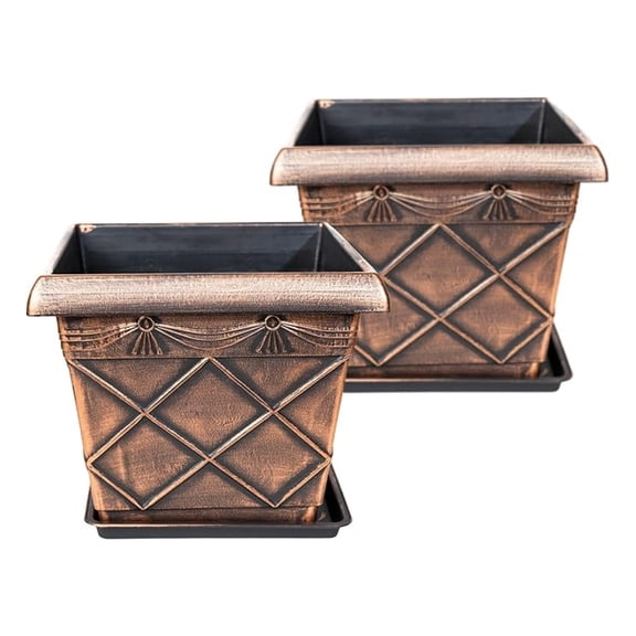 12" Rustic Square Plastic Planter (Pack of 2 Pots + 2 Matching Bottom Trays) Flowerpot for Indoor, Outdoor, Garden Patio Office Home Decor (Large, Copper)