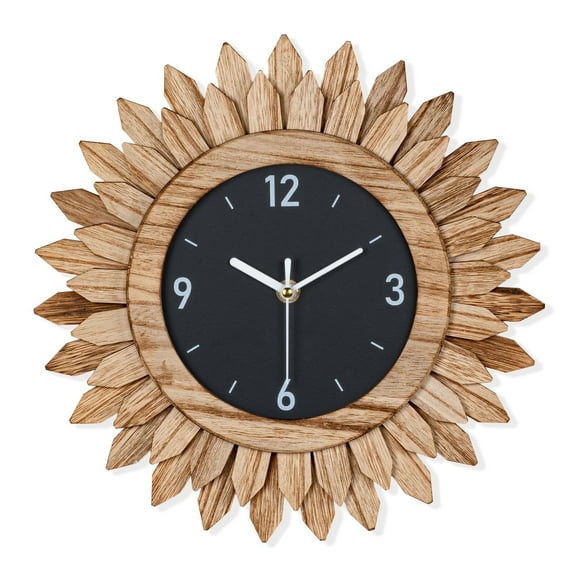 12 In Rustic Wood Boho Sunburst Decorative Wall Clock Silent Non Ticking Farmhouse Small Wall Clocks for Living Room Kitchen Bedroom Decor (Rustic Brown)