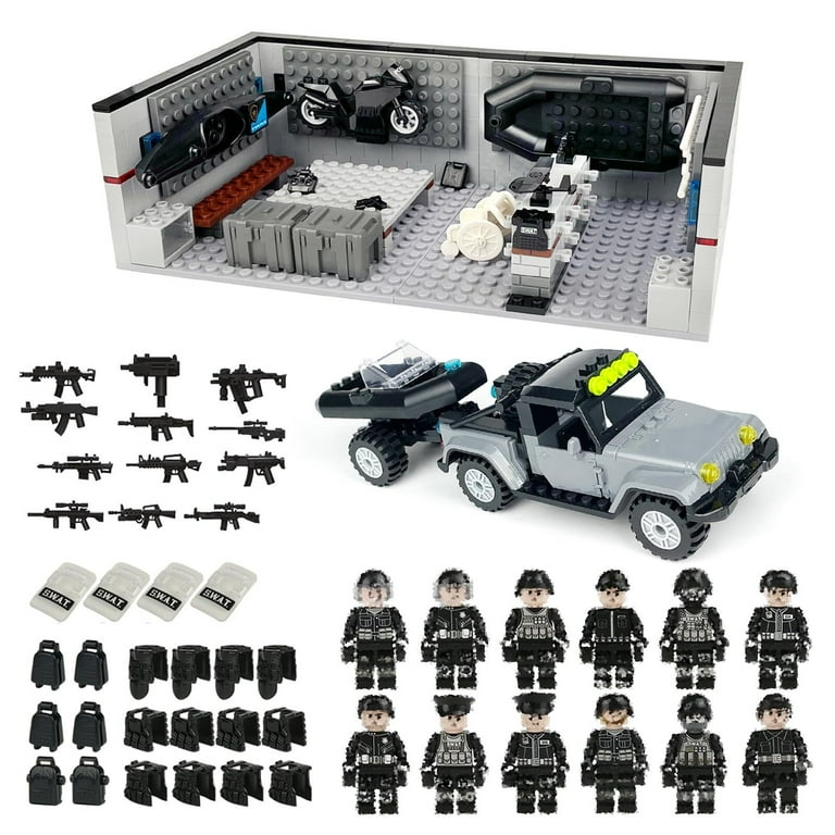 12 SWAT Figures Team with Military Gear Building Blocks Set Special Force Base Compatible with Lego 853792 Accessory SCP Soldiers Car Vehicle