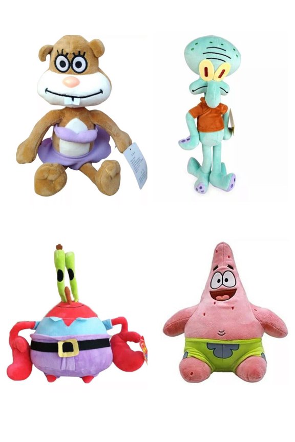 12 Sandy Cheeks Squidward Patrick Star & Mr Krabs 4 Plush Set Stuffed Spongebob New