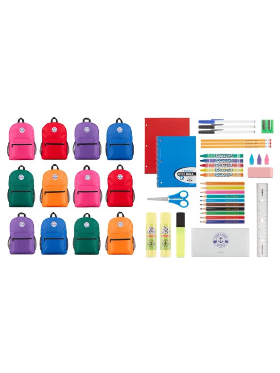 12 School Supply Kits + 12 Backpacks for Students - Wholesale Bulk Combo Kits for Teachers, Schools, Donations