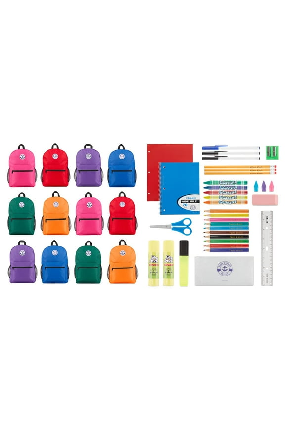 12 School Supply Kits + 12 Backpacks for Students - Wholesale Bulk Combo Kits for Teachers, Schools, Donations
