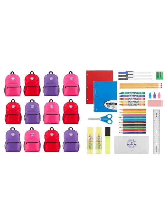 12 School Supply Kits + 12 Backpacks for Students - Wholesale Bulk Combo Kits for Teachers, Schools, Donations