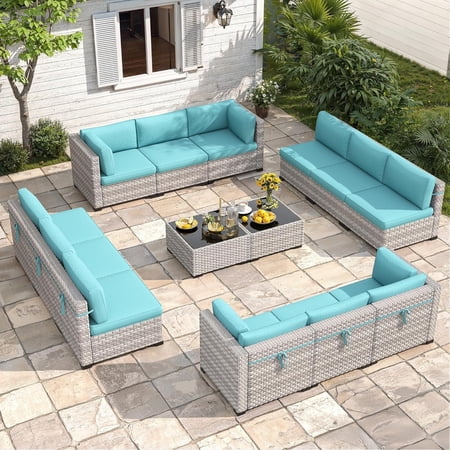 12-Seat Modular Patio Furniture Set – Outdoor Wicker Sectional Sofa with Thick 4? Cushions, Dual-Strand PE Rattan, Rust-Resistant 18 mm Steel Frame, Backyard Garden Deck Lounge,Blue