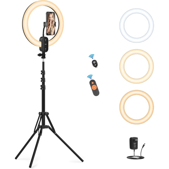 12" Selfie Light with 63" Tripod Stand/Phone Holder, 20W LED Circle Lights Dimmable 3000-6500K with Remote Control and Built-in Rechargeable Battery for Vlog, Makeup, YouTube, Camera