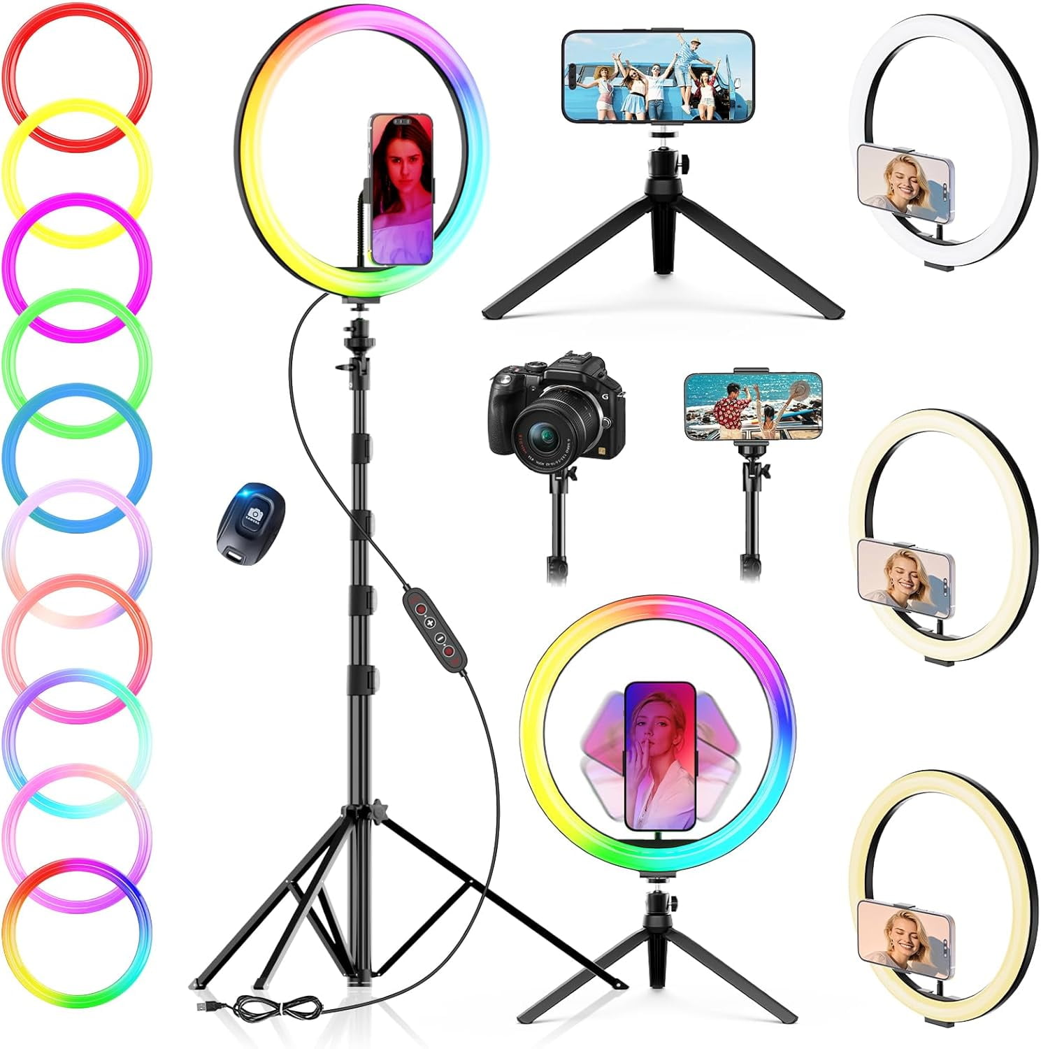 12" Selfie Ring Light with 73" Extendable Tripod Stand: Desk Selfie Lights 38 Color Modes, Upgrade 3 in 1 Dimmable Adjustable Speed Ring Light for Makeup/TIK Tok/YouTube