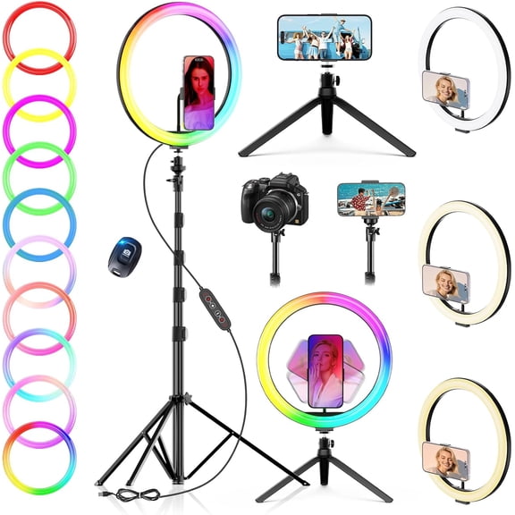 12" Selfie Ring Light with 73" Extendable Tripod Stand: Desk Selfie Lights 38 Color Modes, Upgrade 3 in 1 Dimmable Adjustable Speed Ring Light for Makeup/TIK Tok/YouTube