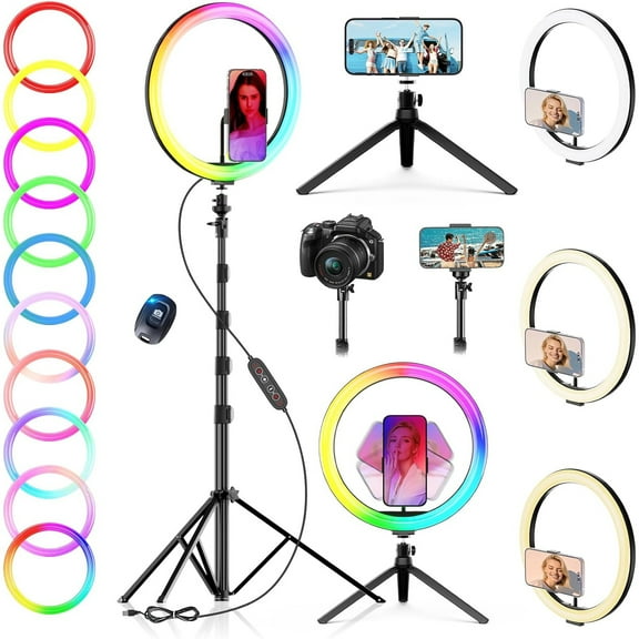 12" Selfie Ring Light with 73" Extendable Tripod Stand: Desk Selfie Lights 38 Color Modes, Upgrade 3 in 1 Dimmable Adjustable Speed Ring Light for Makeup/TIK Tok/YouTube