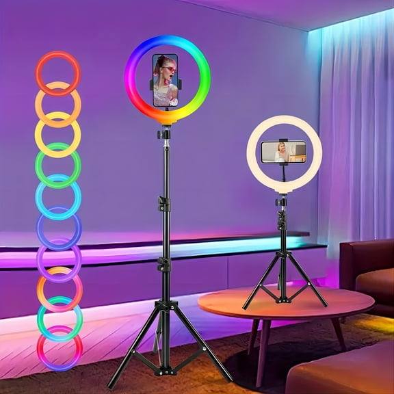12''Selfie Ring Light, with Phone Holder&360° Rotating Pan Head, Desk Tripod, 17 RGB Lighting Modes, for & Camera.