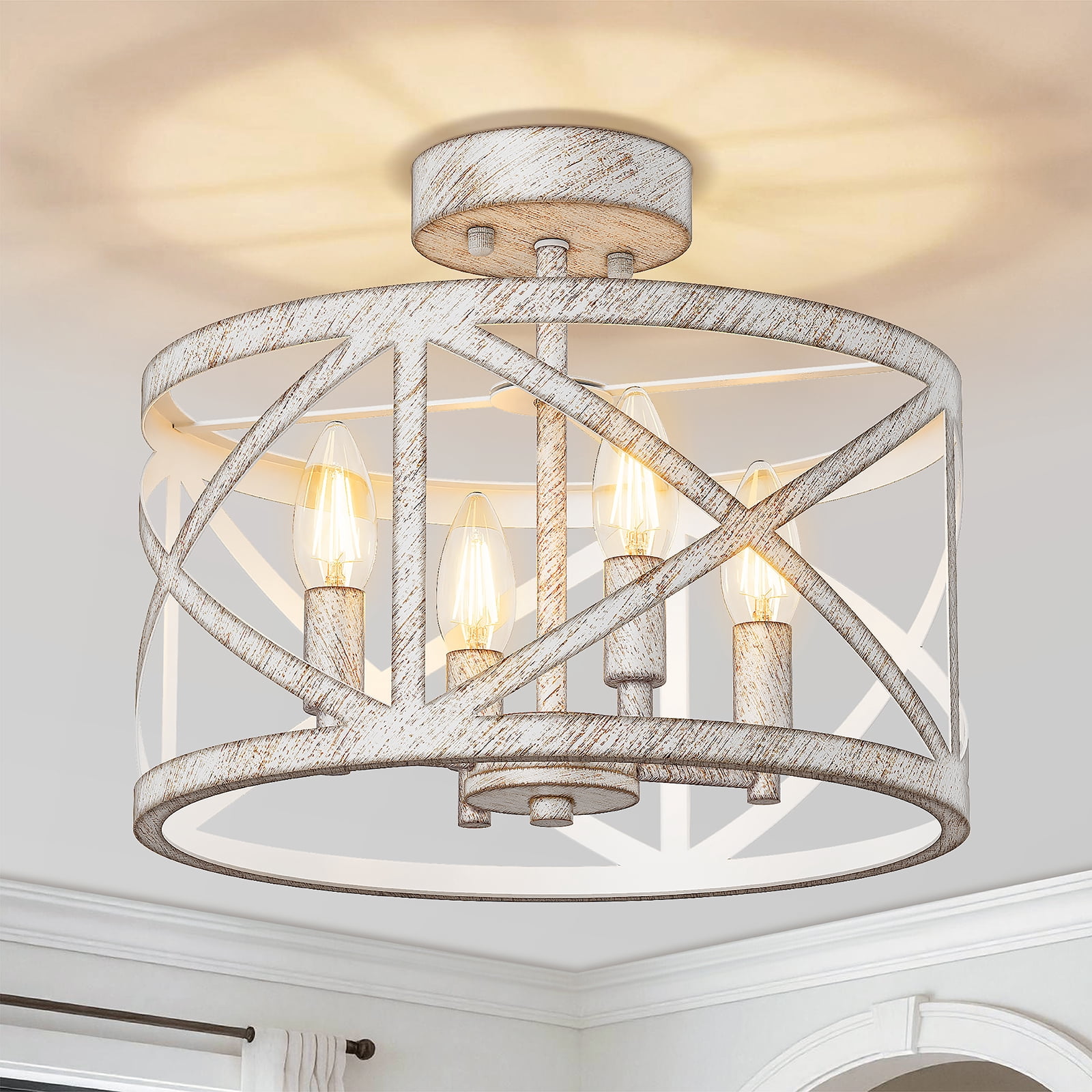 12" Semi Flush Mount Ceiling Light Fixture, 4-Light Farmhouse Modern Ceiling Light, Kitchen Lights, Hallway Light Fixtures, Ceiling Lamp for Entryway Dining Room Bedroom Laundry Lighting, White