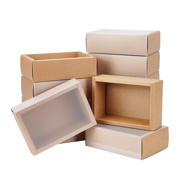 12 Set 12 Pack Kraft Paper Gift Boxes with PVC Frosted Cover 16x10x5.5cm Kraft Paper Drawer Box for Cake Cookie Candy Soap Snacks Weeding Party Favors BurlyWood