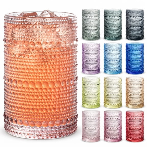 12 Set 13oz Colorful Beaded Bubble Tumblers, Embossed Glass Drinkware for Beer Juice