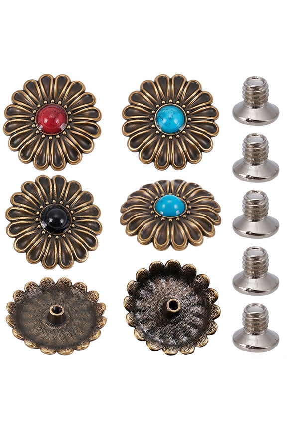 12 Set 3 Colors Flower Retro Decorative Buckle Turquoise Screw Back Buttons Classical Vintage Western Style Replacement Buckle