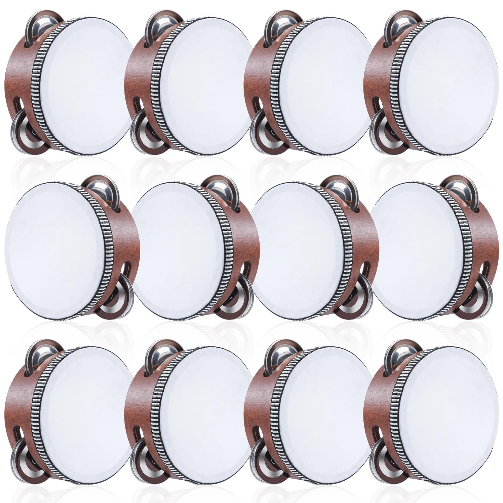 12 Set 4 Inch Wooden Tambourine For Adults  Hand Held Percussion Drum With Metal Jingles Musical Educational Drums Instrument Church Wedding Party Games (walnutwood)
