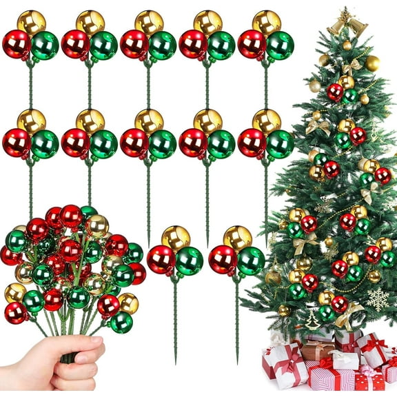 12 Set 7.9 Inch Christmas Ball Ornaments on Wired Picks Shatterproof Xmas Ball Picks for Christmas Tree Vase Wreath Stairs Garland Decoration Supplies(Red,Green,Gold,Plastic)