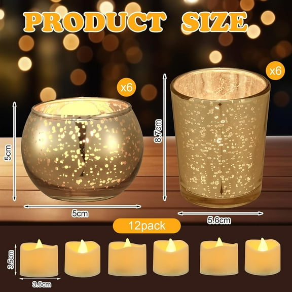 12 Set Assorted Votive Candle Holders with LED Tea Light Decorative  Glass Gold Wedding Centerpieces