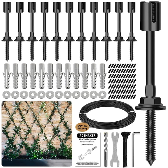 12-Set Black 5/64 Inch Wire Trellis Kit for Climbing Plants with 53 Foot Vinyl Coated Cable