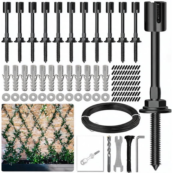 12-Set Black 5/64 Inch Wire Trellis Kit for Climbing Plants with 53 Foot Vinyl Coated Cable
