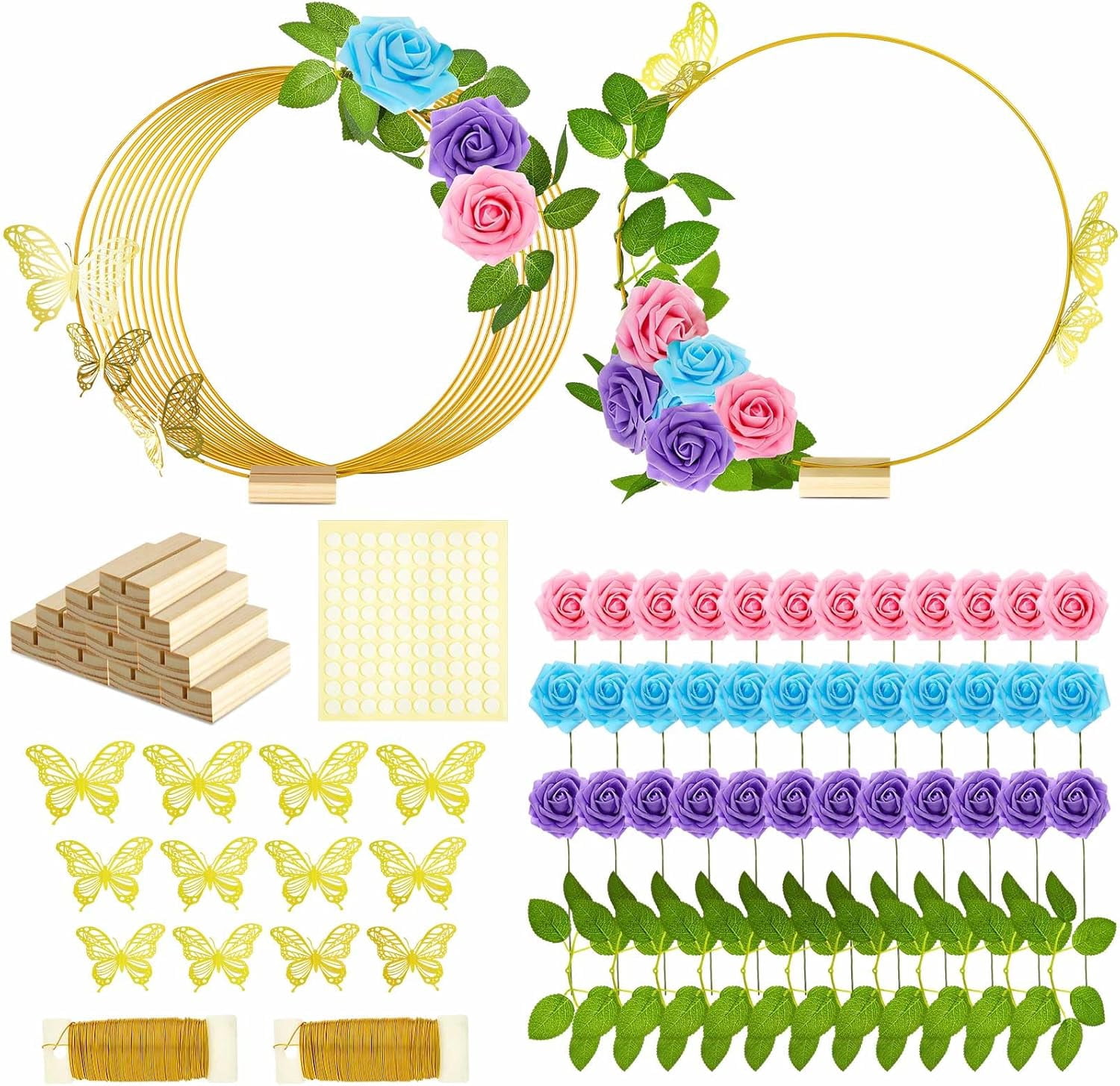12 Set Butterfly Metal Floral Hoop Table Centerpieces, Metal Ring with 3D Butterfly Decor, PE Foam Flower, Adhesive Dot, Gold Wires for DIY Wedding Party(Blue, Purple, Pink,Round)