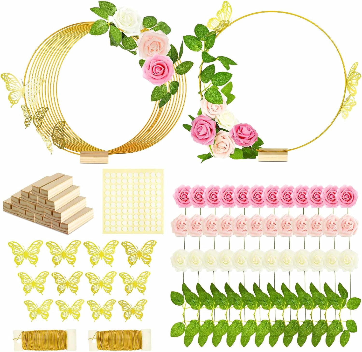 12 Set Butterfly Metal Floral Hoop Table Centerpieces, Metal Ring with 3D Butterfly Decor, PE Foam Flower, Adhesive Dot, Gold Wires for DIY Wedding Party(White, Pink, Pink,Round)