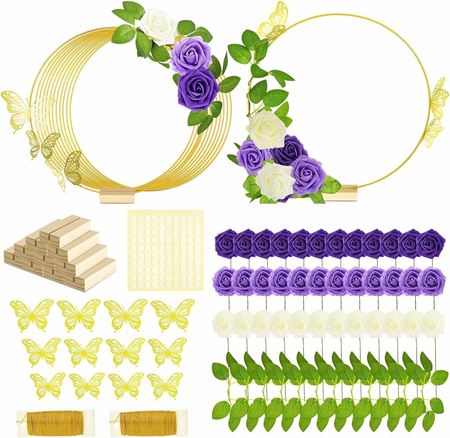 12 Set Butterfly Metal Floral Hoop Table Centerpieces, Metal Ring with 3D Butterfly Decor, PE Foam Flower, Adhesive Dot, Gold Wires for DIY Wedding Party (White, Purple, Purple,Round)