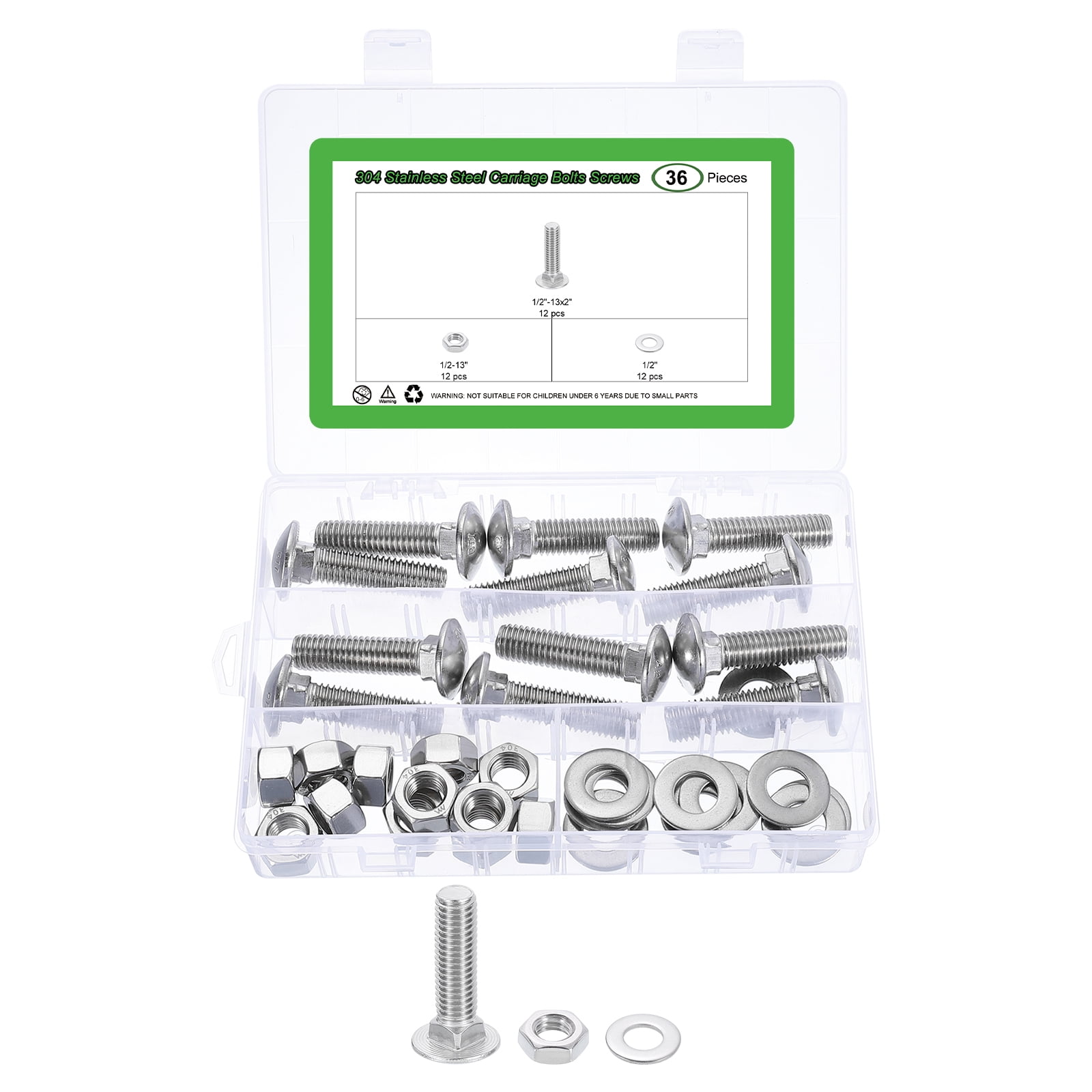 12 Set Carriage Bolts and Nuts Kit, 1/2"-13x2" Stainless Steel 304 Round Head Square Neck Carriage Bolts Screws and Hex Nuts and Flat Washers - Silver