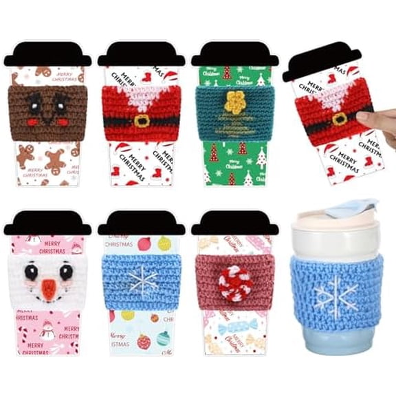12 Set Christmas Crochet Coffee Cozy Gifts Reusable Cup Warmer Sleeve with Greeting Gift Card Teacher Xmas Cup Sleeve Favors for Women Men Friend Home Office Supplies$$Office