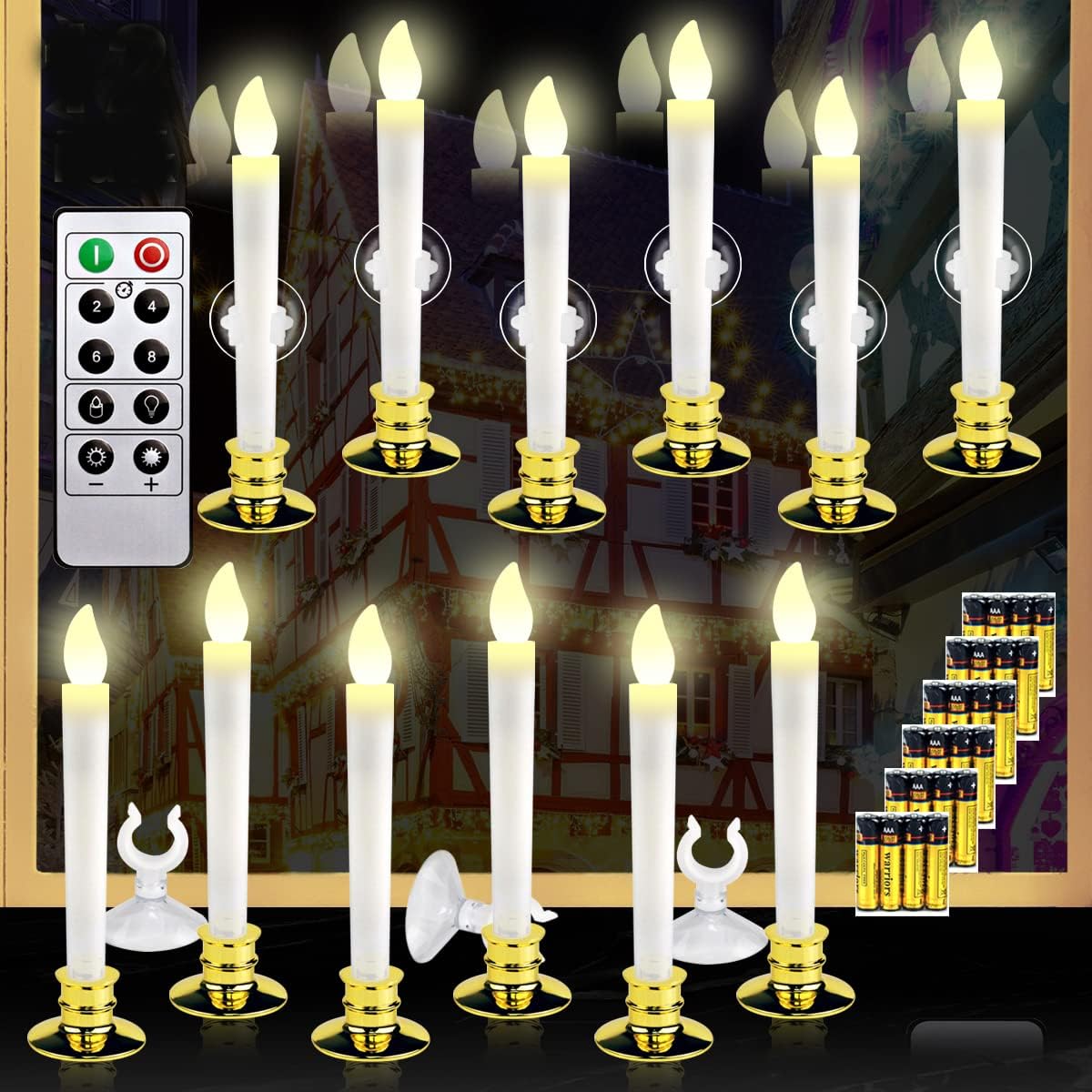 12 Set Christmas Window Candles with Timer, Flameless Taper Candles, Gold Candle Holders