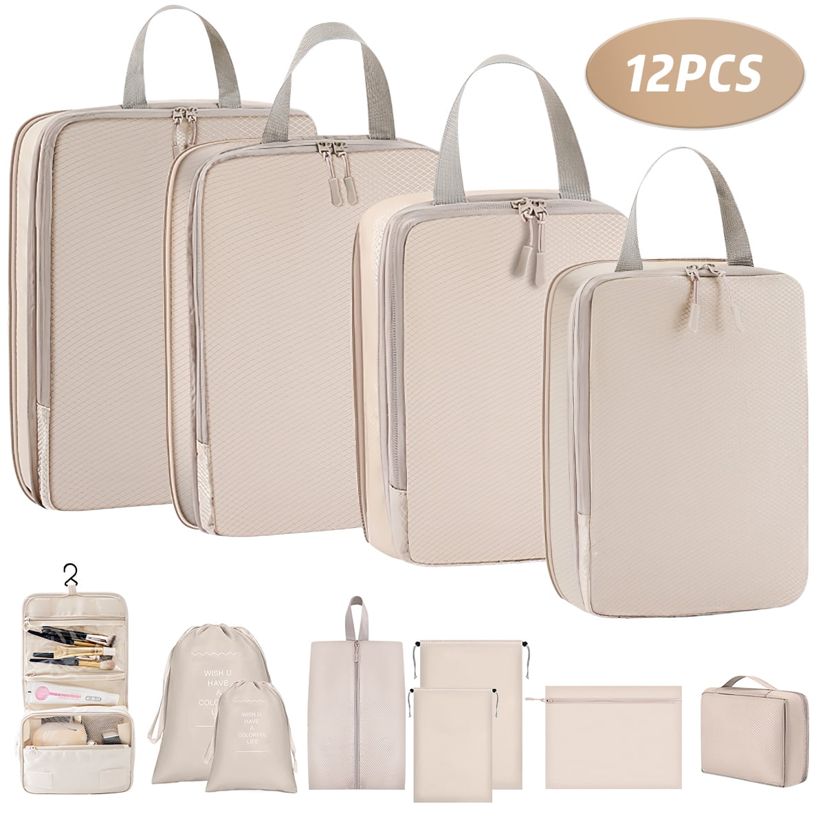 Compression Packing Cubes for Suitcase, 12 PCS Travel Luggage Packing Organizers Waterproof Travel Essentials Bag Clothes Shoes Cosmetics Toiletries Storage Bags for Travel, Beige
