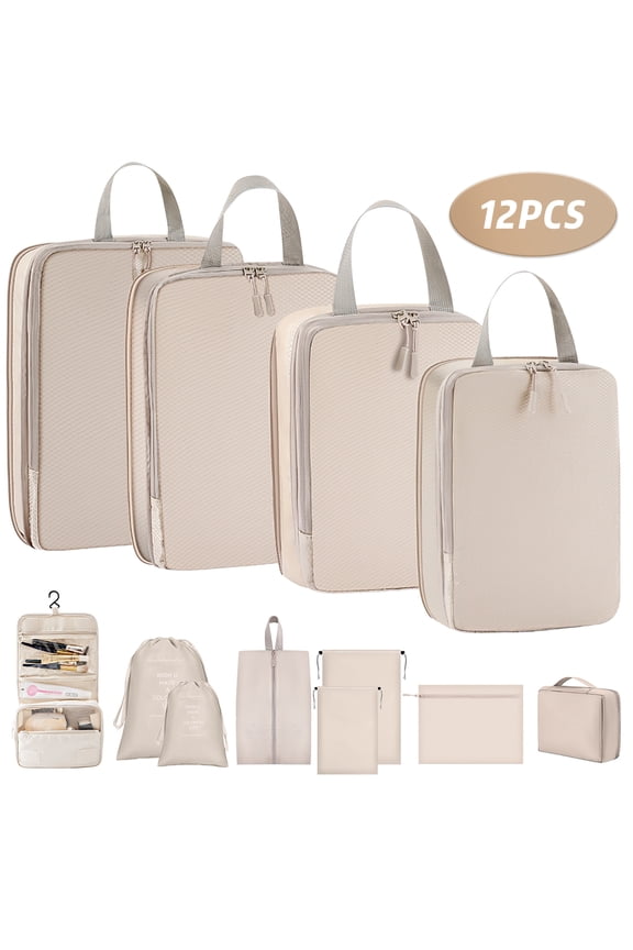 Compression Packing Cubes for Suitcase, 12 PCS Travel Luggage Packing Organizers Waterproof Travel Essentials Bag Clothes Shoes Cosmetics Toiletries Storage Bags for Travel, Beige