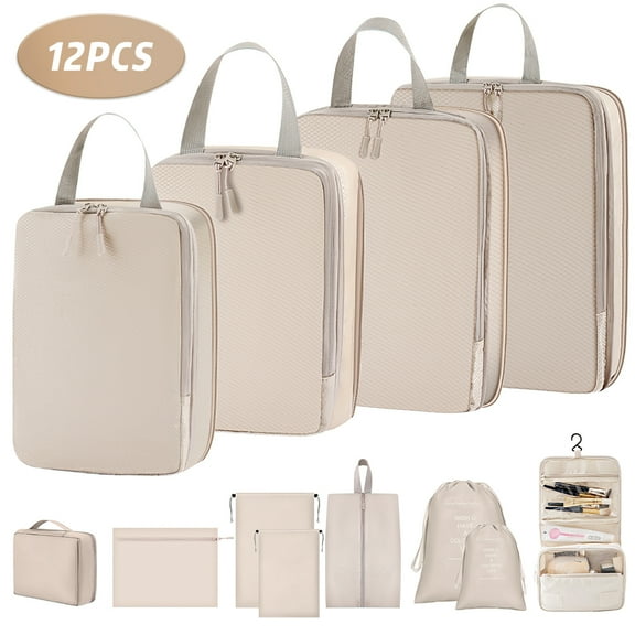 12 Set Packing Cubes for Travel, Premium Suitcase Organizer Bags Set, Space-Saving Luggage Organizers, Travel Accessories and Essentials, Beige