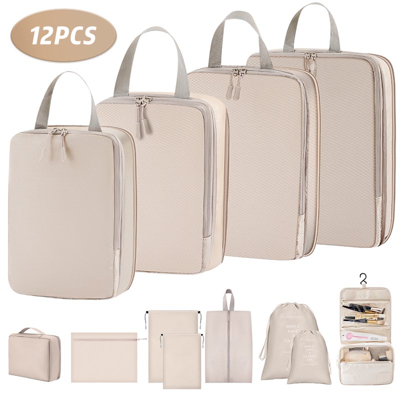 12 Set Packing Cubes for Travel, Premium Suitcase Organizer Bags Set, Space-Saving Luggage Organizers, Travel Accessories and Essentials, Beige