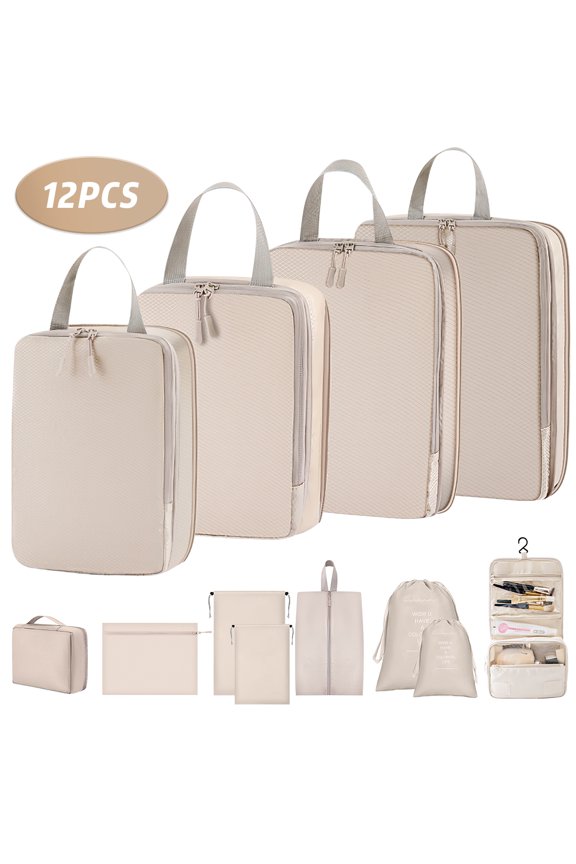 12 Set Packing Cubes for Travel, Premium Suitcase Organizer Bags Set, Space-Saving Luggage Organizers, Travel Accessories and Essentials, Beige