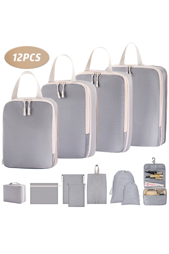 12 Set Packing Cubes for Travel, Premium Suitcase Organizer Bags Set, Space-Saving Luggage Organizers, Travel Accessories and Essentials, Gray