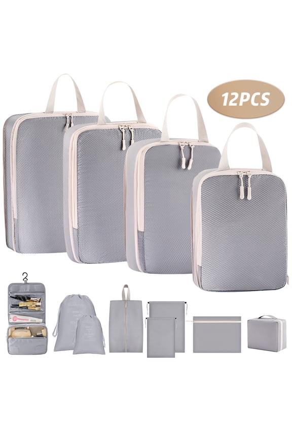 Compression Packing Cubes for Suitcase, 12 PCS Travel Luggage Packing Organizers Waterproof Travel Essentials Bag Clothes Shoes Cosmetics Toiletries Storage Bags for Travel, Gray