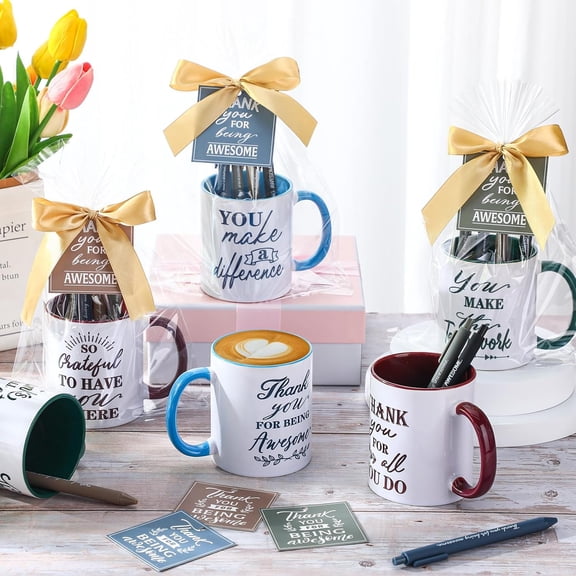 12 Set Employee Appreciation Gifts Include Thank You Staff Mug Gift Set 12 oz Appreciation Mugs Inspirational Pens Tags for Employee Staff Team Group (Blue Green Brown,Classic)