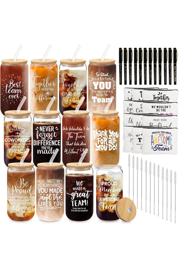 12 Set Employee Appreciation Gifts Thank You Gifts Bulk for Coworker Staff Teacher , Thank You Glass Cups 16 oz Can Shaped  Glass Makeup Bag Ballpoint Pen for Women Men (Mixed Style)